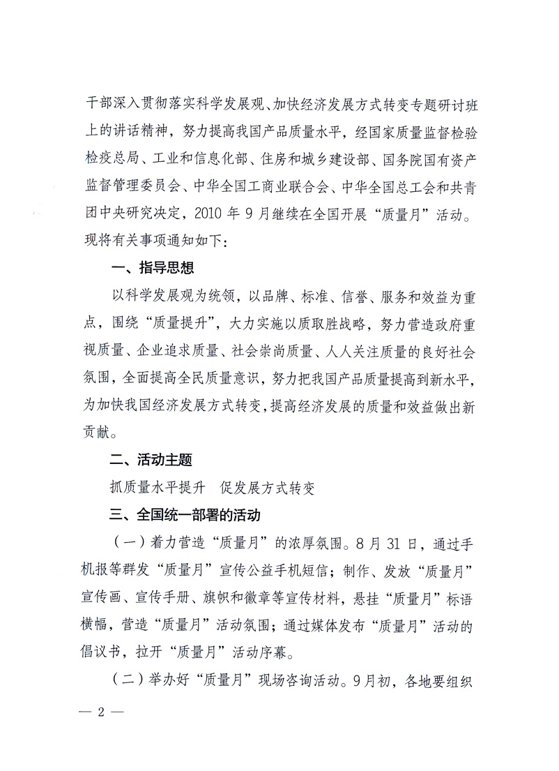 國家質(zhì)量監(jiān)督檢驗檢疫總局、工業(yè)和信息化部、住房和城鄉(xiāng)建設(shè)部、國務(wù)院國有資產(chǎn)監(jiān)督管理委員會、中華全國工商業(yè)聯(lián)合會、中華全國總工會、共青團中央《關(guān)于開展2010年全國“質(zhì)量月”活動的通知》