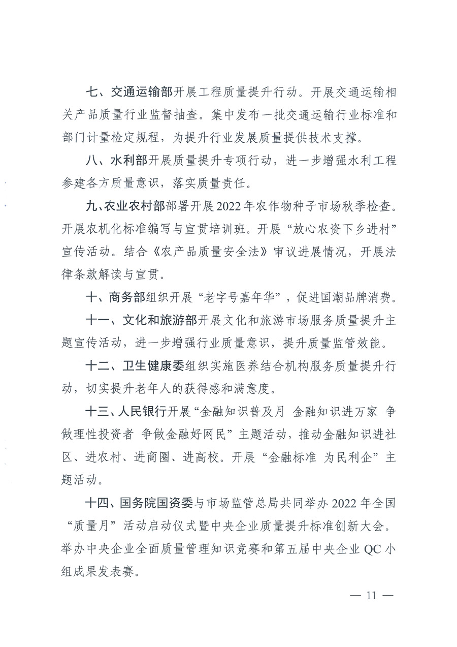 市場監(jiān)管總局等21個部委(部門)發(fā)文部署開展2022年全國“質(zhì)量月”活動(國市監(jiān)質(zhì)發(fā)〔2022〕76號)